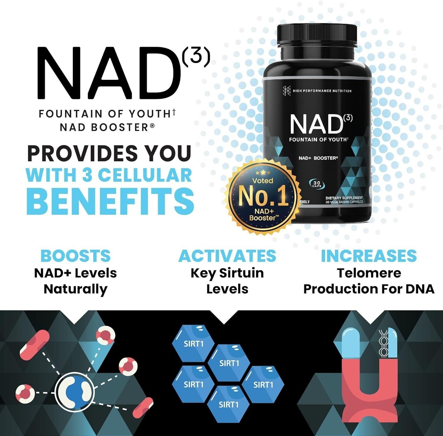 NAD+ Booster (NAD3), Proporciona Energía Natural, Longevidad Y Salud Celular